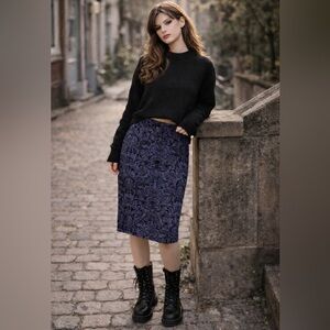 89TH & MADISON Women's Sz 6 Blue Black Velvet Burnout Fleur De Lis Pencil Skirt